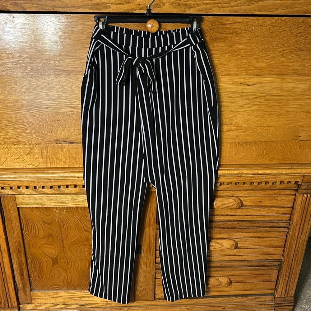 Mosaic & Co Modern Nautical Black White Striped‎ Tie Waist Tapered Leg Pants
